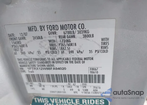 2008 Ford F-150 Xlt z USA, uszkodzony, nr VIN 1FTRX12W88FA94020